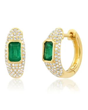 Pave Diamond and Emerald Dome Huggie Hoop Earrings