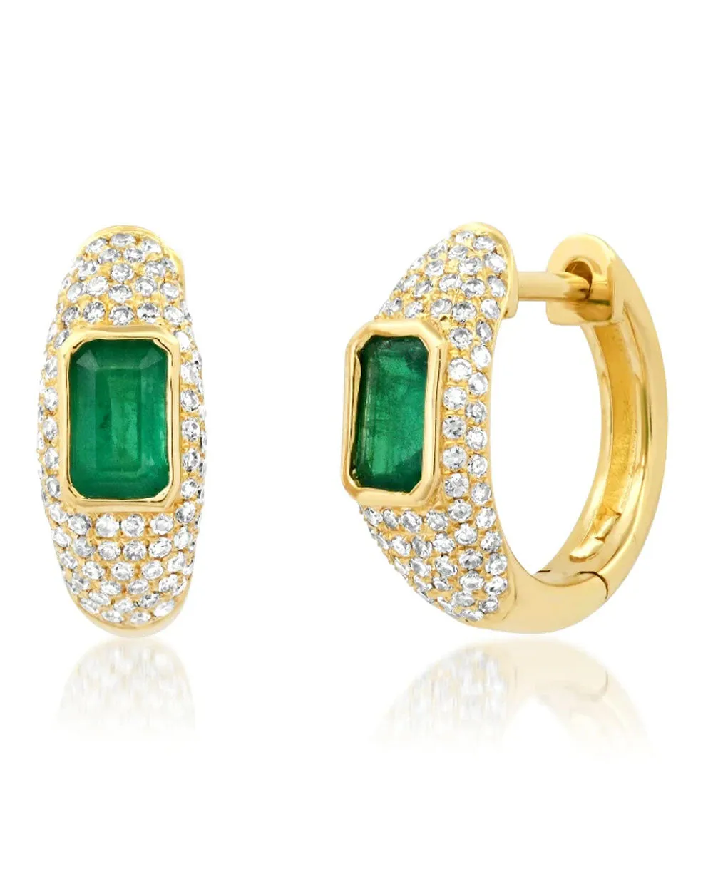 Pave Diamond and Emerald Dome Huggie Hoop Earrings