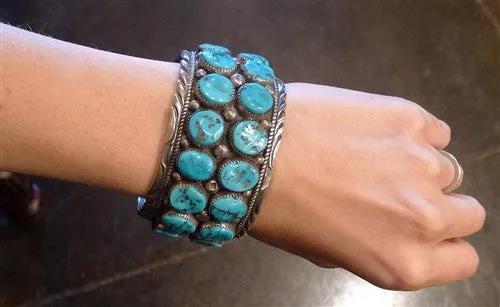 Pawn Chieftain's Cuff of Double Row Morenci Turquoise and Sterling Silver