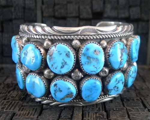 Pawn Chieftain's Cuff of Double Row Morenci Turquoise and Sterling Silver