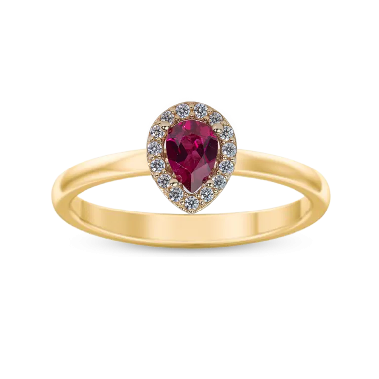 Pear Halo Red CZ Engagement