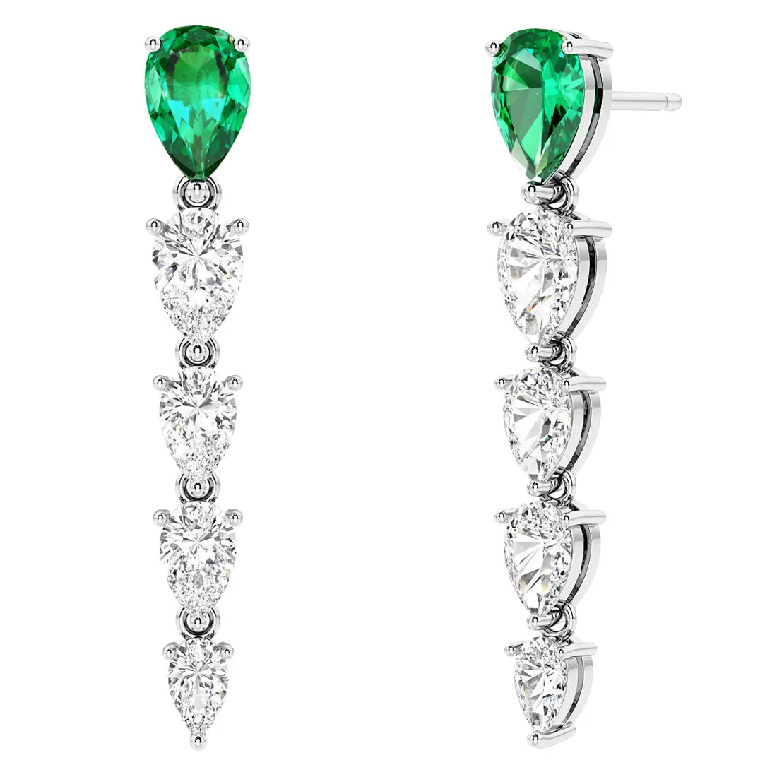 Pear Shape Colombian Emerald & Lab Grown Diamond Line Drop Earrings 14K White Gold 4.65 Carats