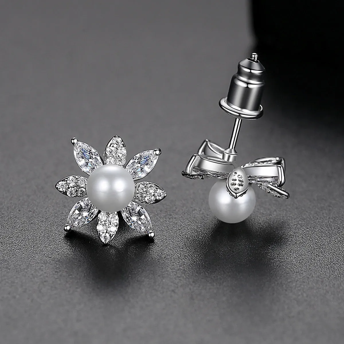 Pearl & Cubic Zirconia Crystal-Accent Flower Stud Earrings