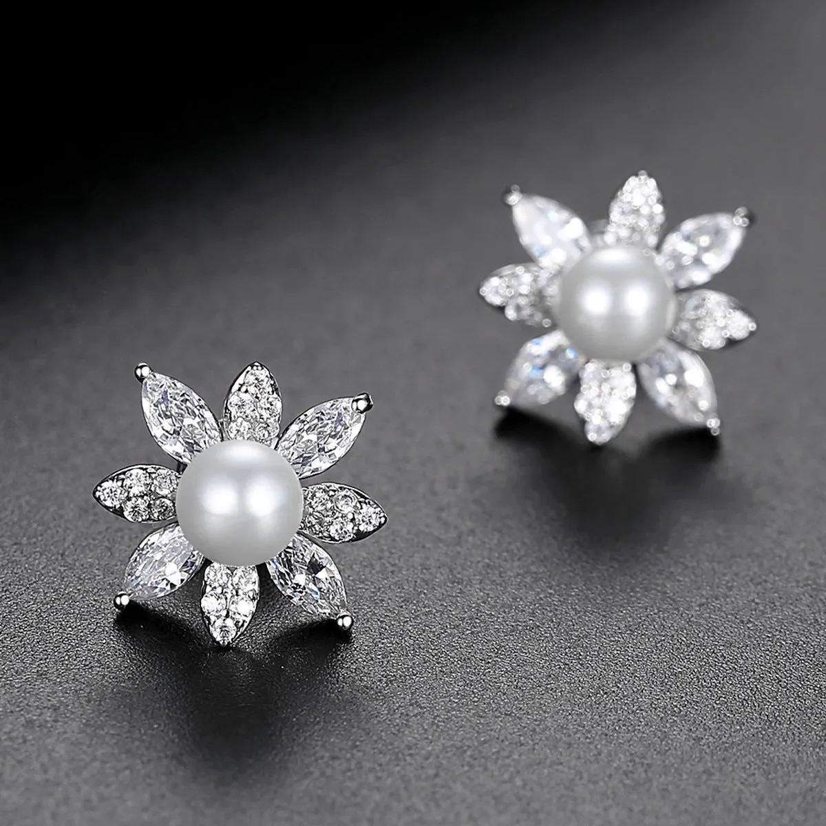 Pearl & Cubic Zirconia Crystal-Accent Flower Stud Earrings