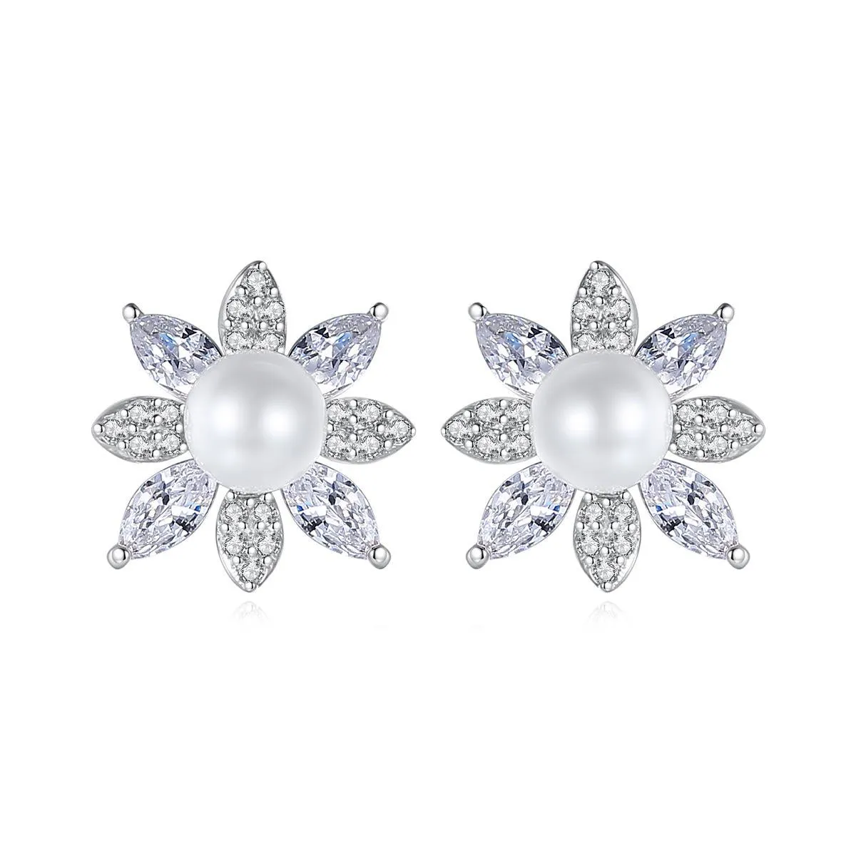 Pearl & Cubic Zirconia Crystal-Accent Flower Stud Earrings