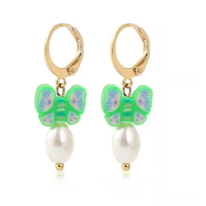 Pearl & Polymer Clay 18K Gold-Plated Butterfly Huggie Earrings