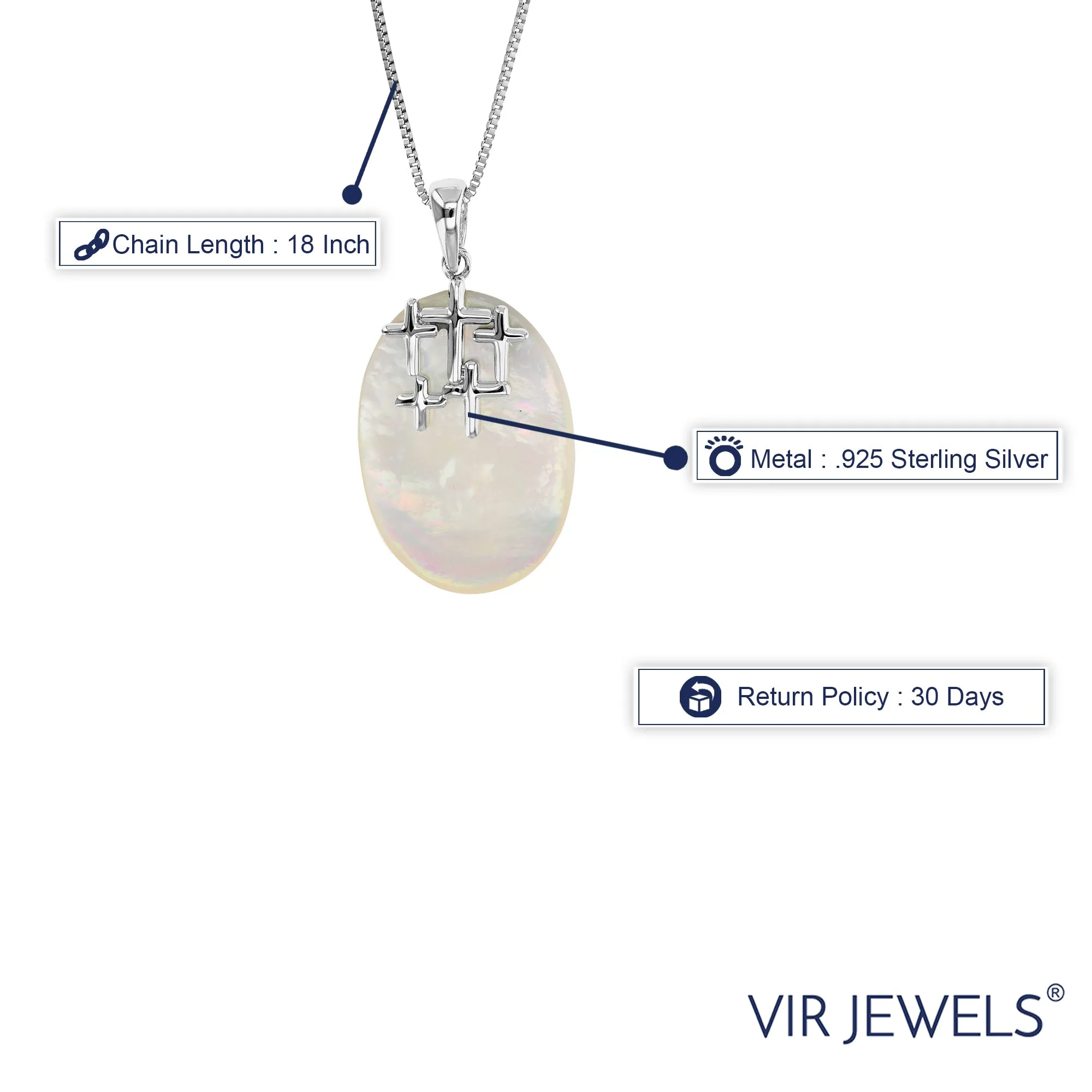 Pearl Pendant Necklace, Sterling Silver Mother of Pearl Pendant Necklace for Women with 18 Inch Chain