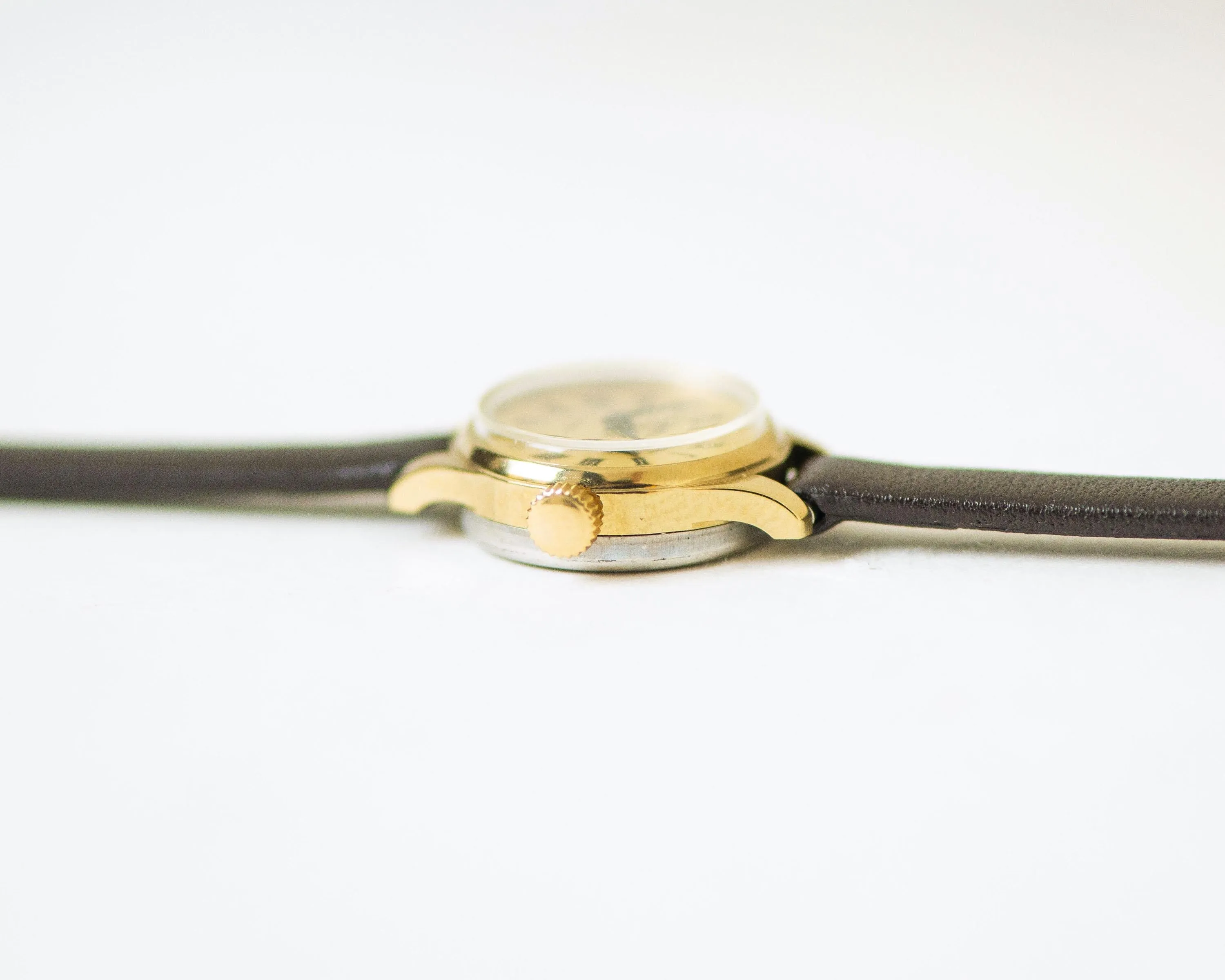 Petite lady watch gold plated Seagull gift, Roman numerals dial jewelry for women , dainty wristwatch yellow, new premium leather band