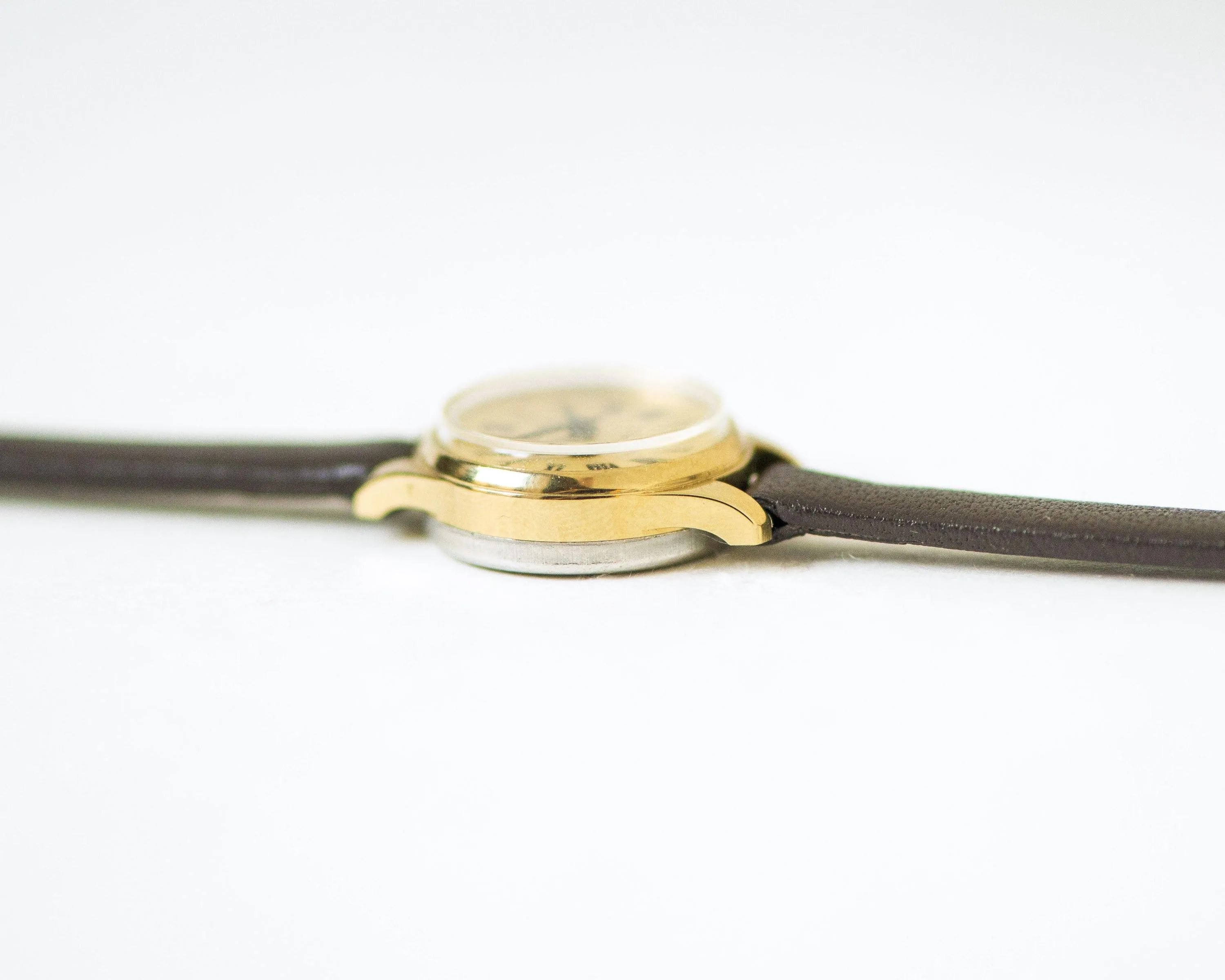 Petite lady watch gold plated Seagull gift, Roman numerals dial jewelry for women , dainty wristwatch yellow, new premium leather band