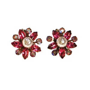 Pink Rhinestone and Pearl Flower Earrings
