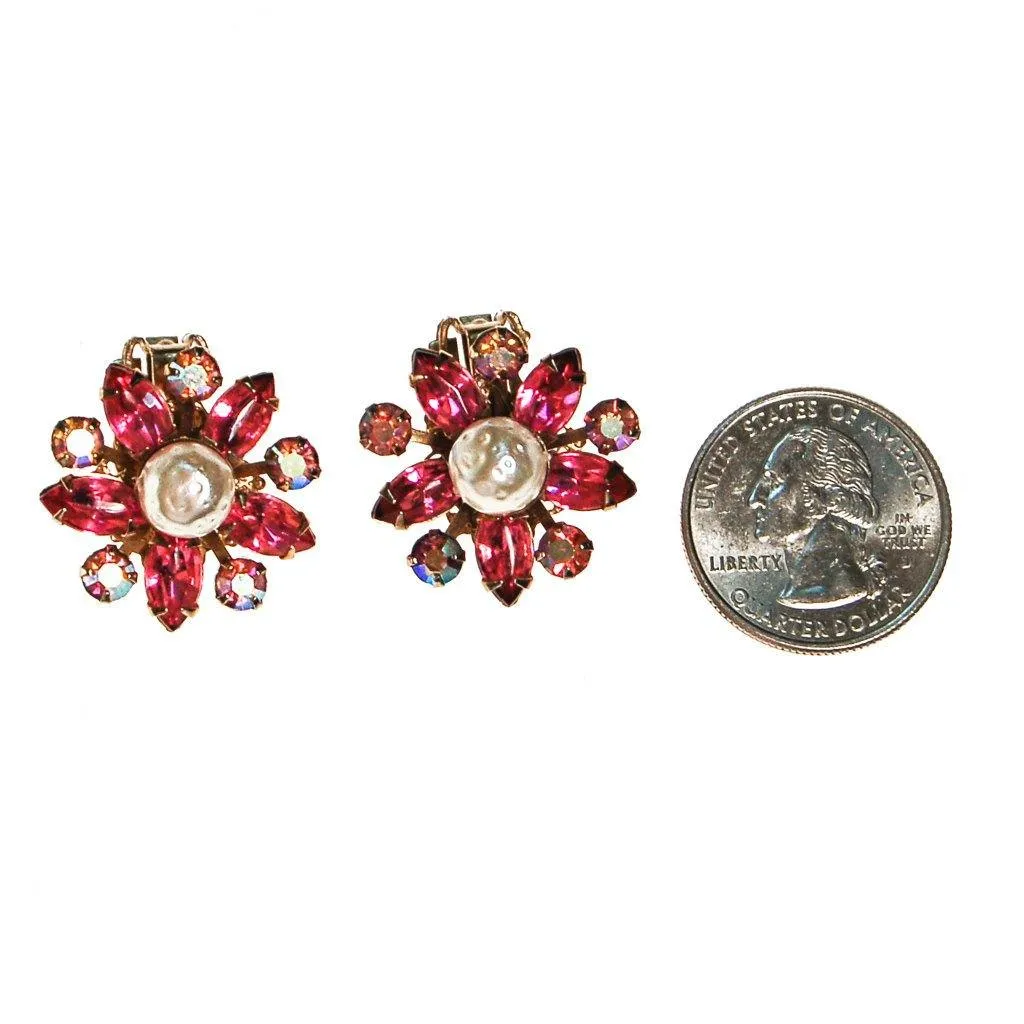 Pink Rhinestone and Pearl Flower Earrings