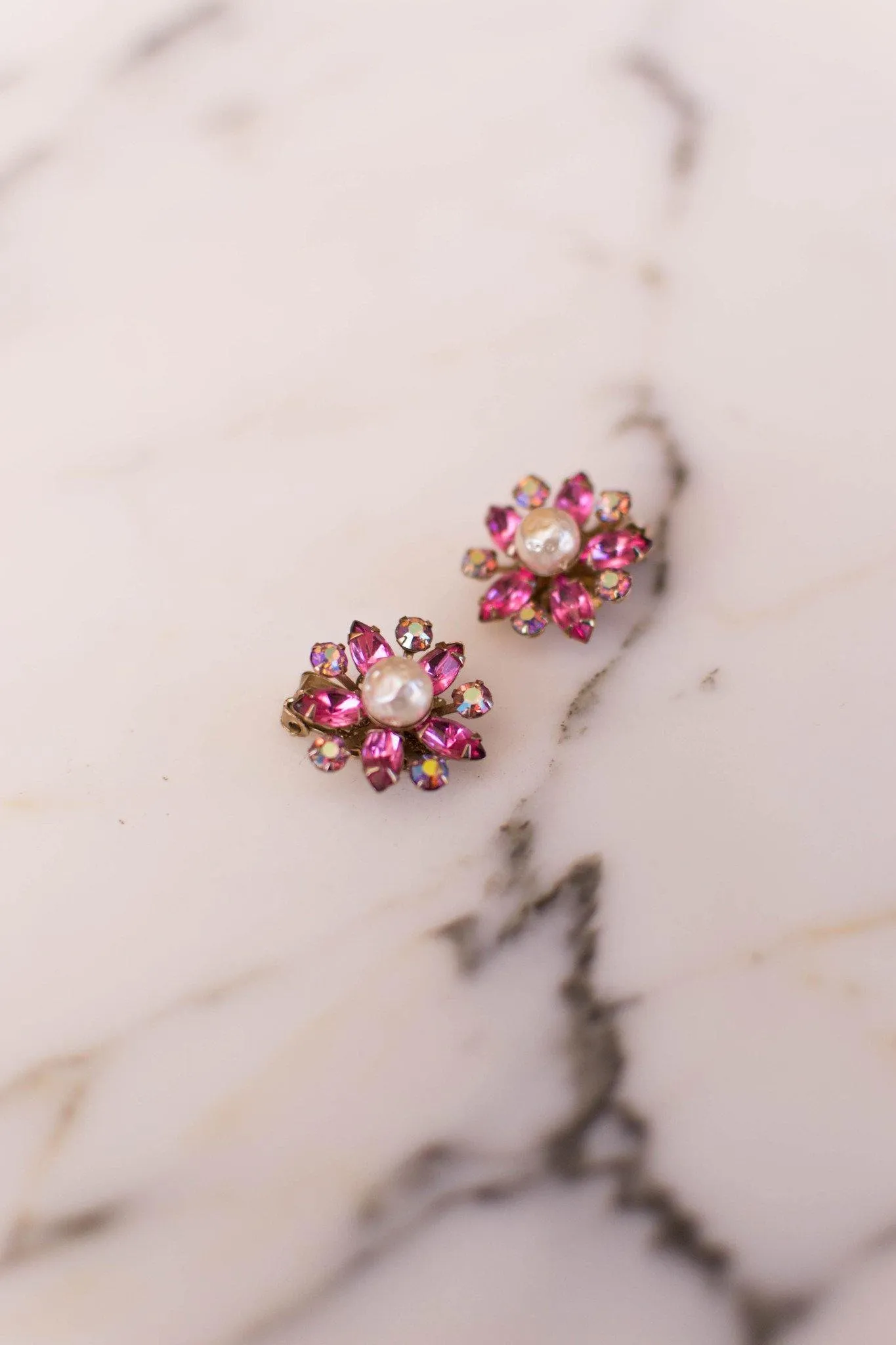 Pink Rhinestone and Pearl Flower Earrings