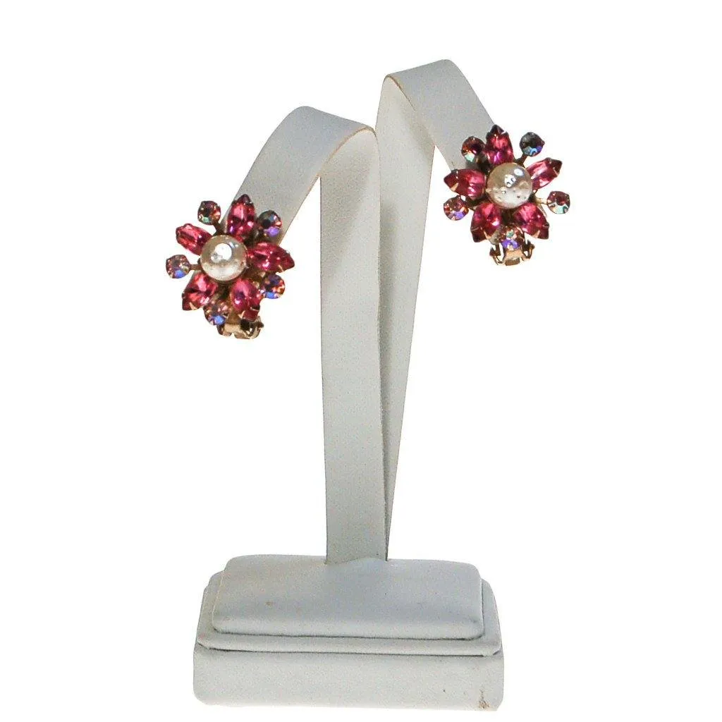Pink Rhinestone and Pearl Flower Earrings