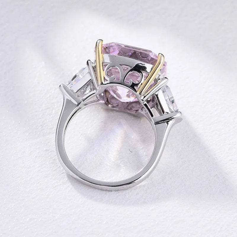 Pink Sapphire Asscher Cut and Trillion Cut Three Stone Engagement