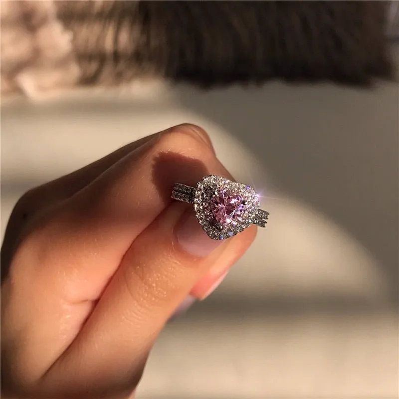 Pink Sapphire Heart Wedding Ring Silver For Women Engagement Jewelry