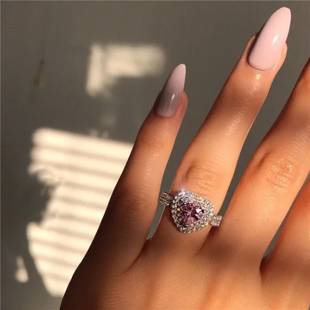 Pink Sapphire Heart Wedding Ring Silver For Women Engagement Jewelry