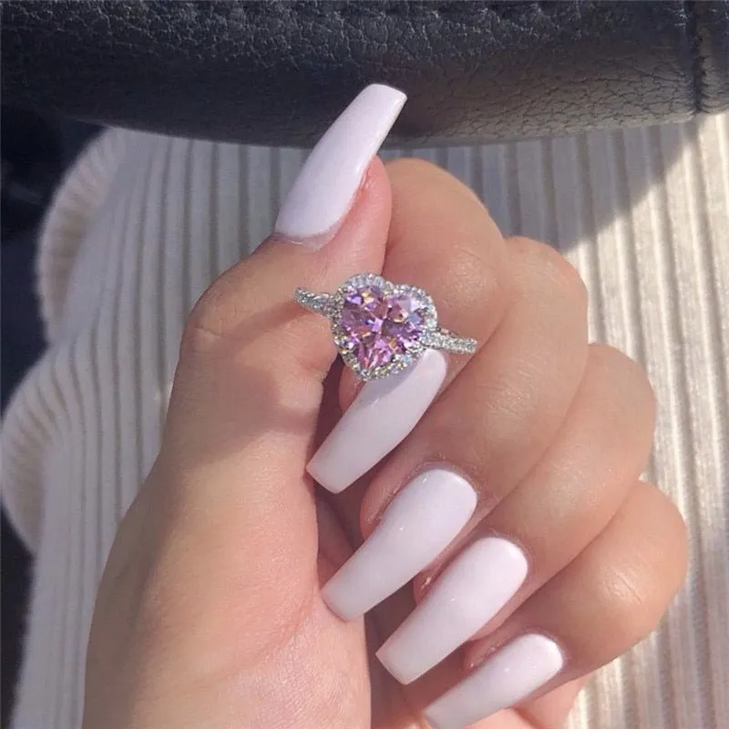 Pink Sapphire Heart Wedding Ring Silver For Women Engagement Jewelry