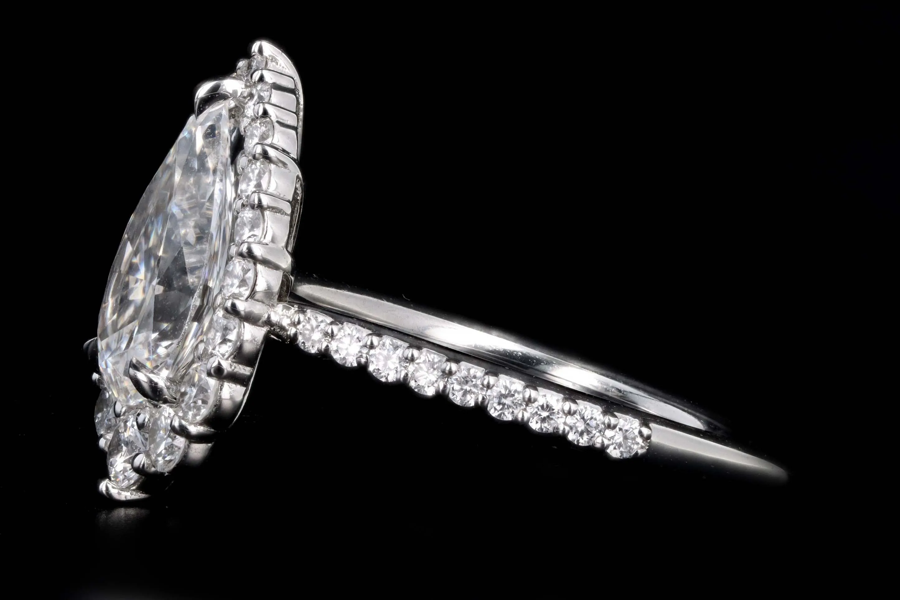 Platinum 1.63 Carat Pear Cut Diamond Graduated Halo Engagement Ring GIA Certified
