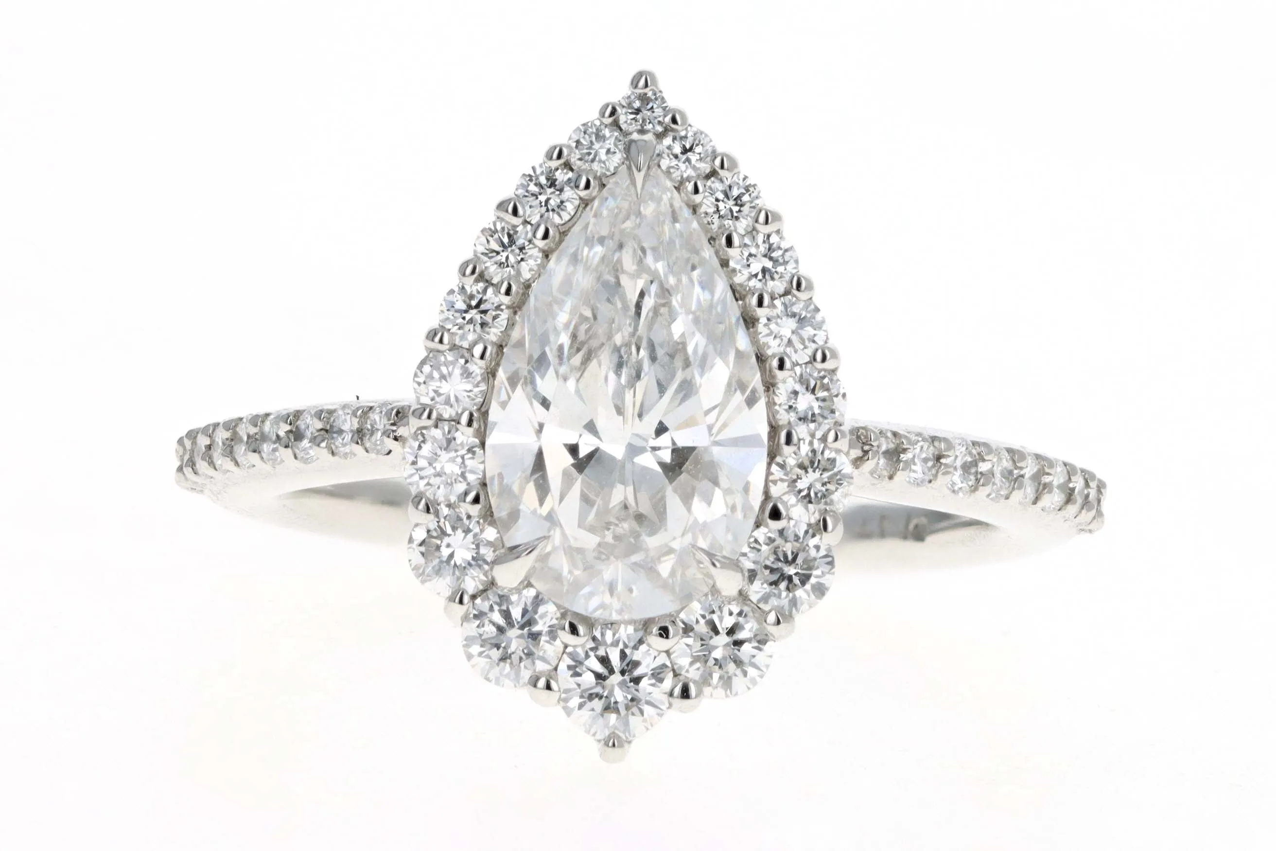 Platinum 1.63 Carat Pear Cut Diamond Graduated Halo Engagement Ring GIA Certified