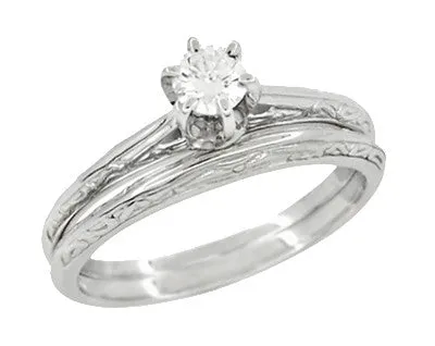 Platinum Art Deco Engraved Scrolls White Sapphire Engagement Ring and Wedding Ring Set