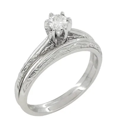 Platinum Art Deco Engraved Scrolls White Sapphire Engagement Ring and Wedding Ring Set