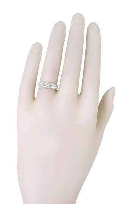 Platinum Art Deco Engraved Scrolls White Sapphire Engagement Ring and Wedding Ring Set