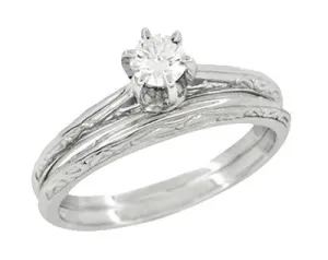 Platinum Art Deco Engraved Scrolls White Sapphire Engagement Ring and Wedding Ring Set