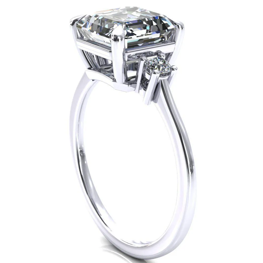 Poppy Asscher Moissanite 4 Claw Prong 2 Rail Basket Round Sidestones Inverted Cathedral Engagement Ring