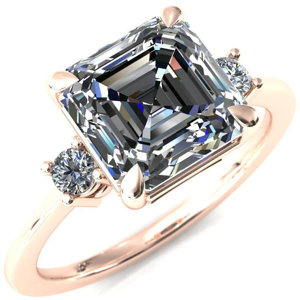 Poppy Asscher Moissanite 4 Claw Prong 2 Rail Basket Round Sidestones Inverted Cathedral Engagement Ring