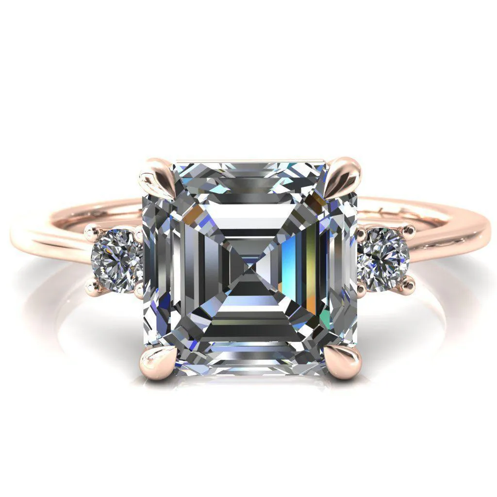 Poppy Asscher Moissanite 4 Claw Prong 2 Rail Basket Round Sidestones Inverted Cathedral Engagement Ring