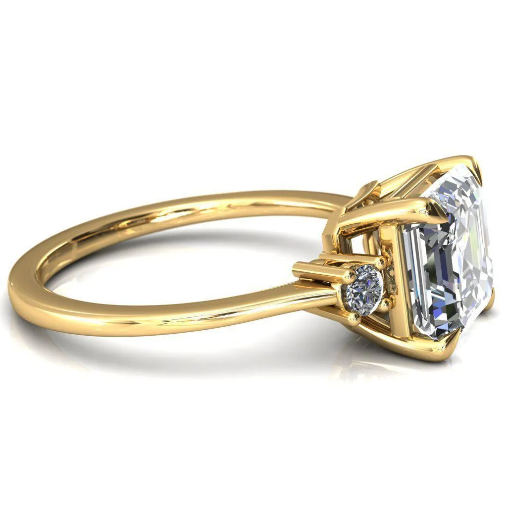 Poppy Asscher Moissanite 4 Claw Prong 2 Rail Basket Round Sidestones Inverted Cathedral Engagement Ring