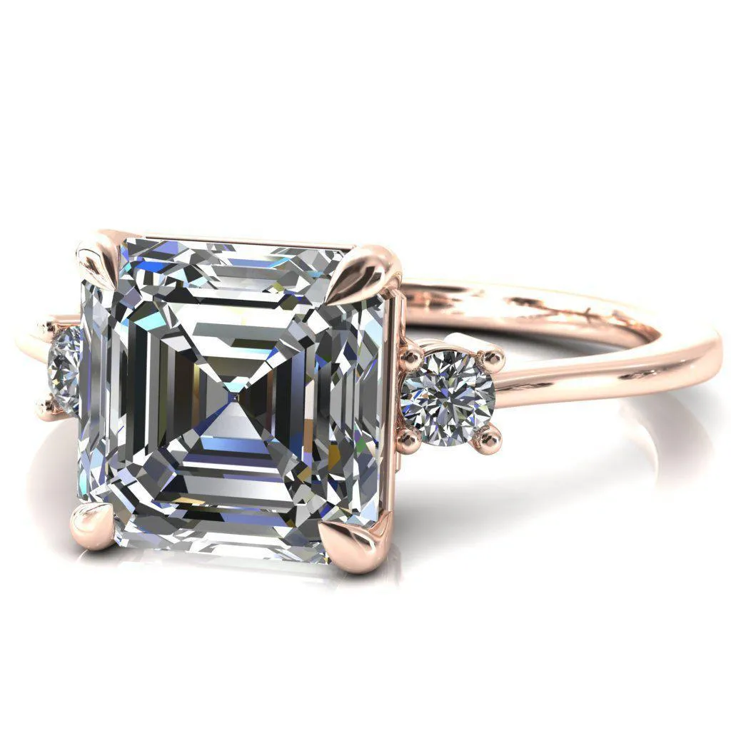 Poppy Asscher Moissanite 4 Claw Prong 2 Rail Basket Round Sidestones Inverted Cathedral Engagement Ring