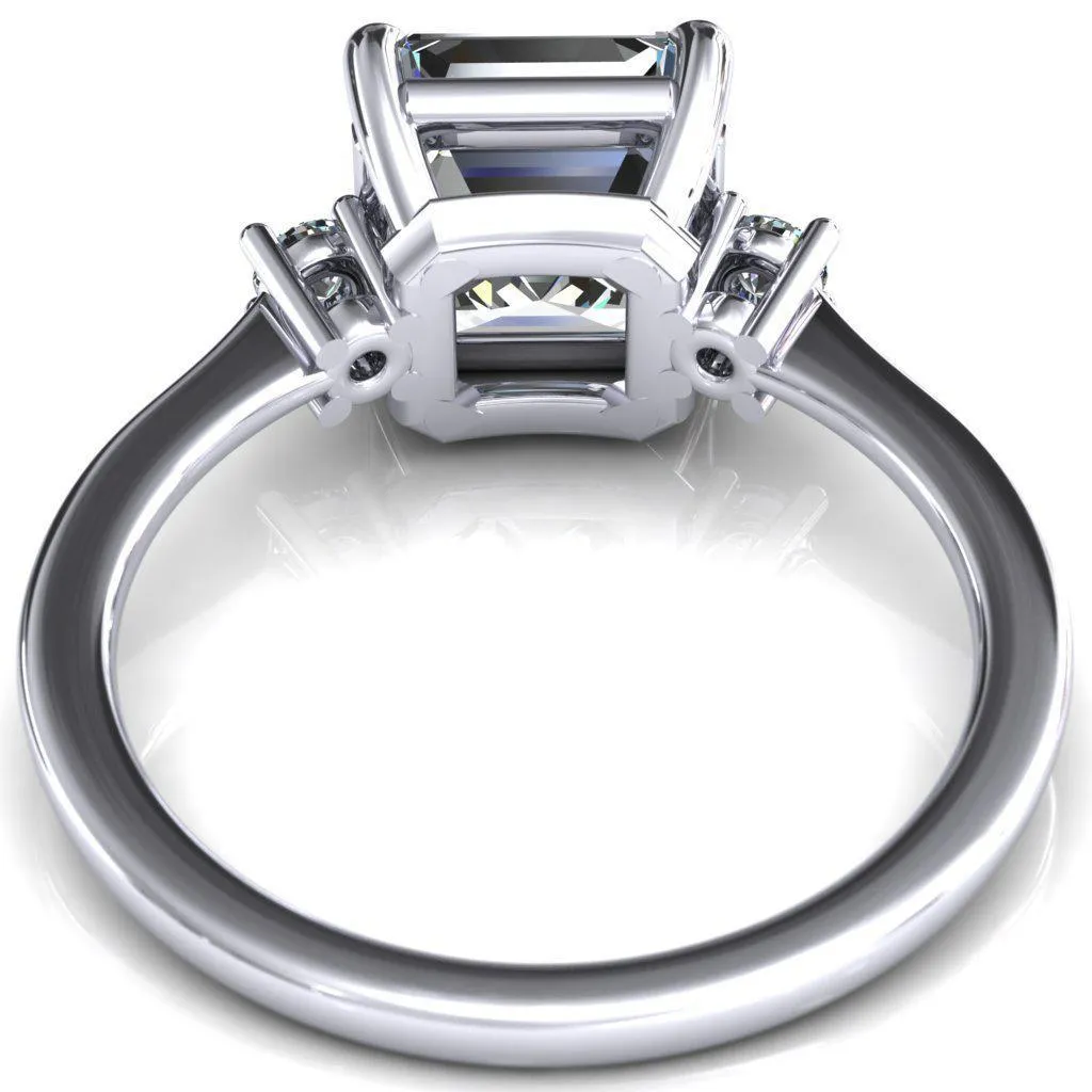 Poppy Asscher Moissanite 4 Claw Prong 2 Rail Basket Round Sidestones Inverted Cathedral Engagement Ring
