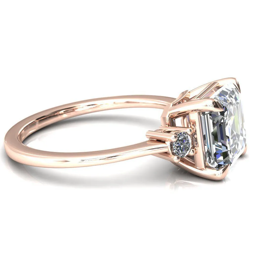 Poppy Asscher Moissanite 4 Claw Prong 2 Rail Basket Round Sidestones Inverted Cathedral Engagement Ring
