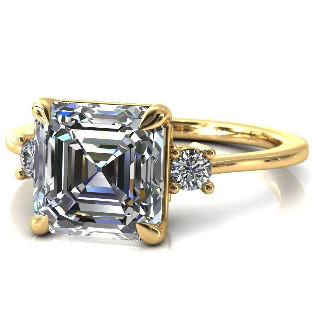 Poppy Asscher Moissanite 4 Claw Prong 2 Rail Basket Round Sidestones Inverted Cathedral Engagement Ring