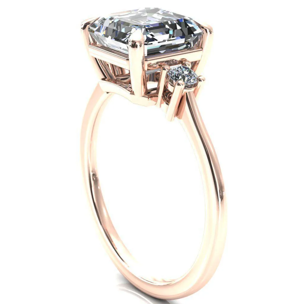 Poppy Asscher Moissanite 4 Claw Prong 2 Rail Basket Round Sidestones Inverted Cathedral Engagement Ring