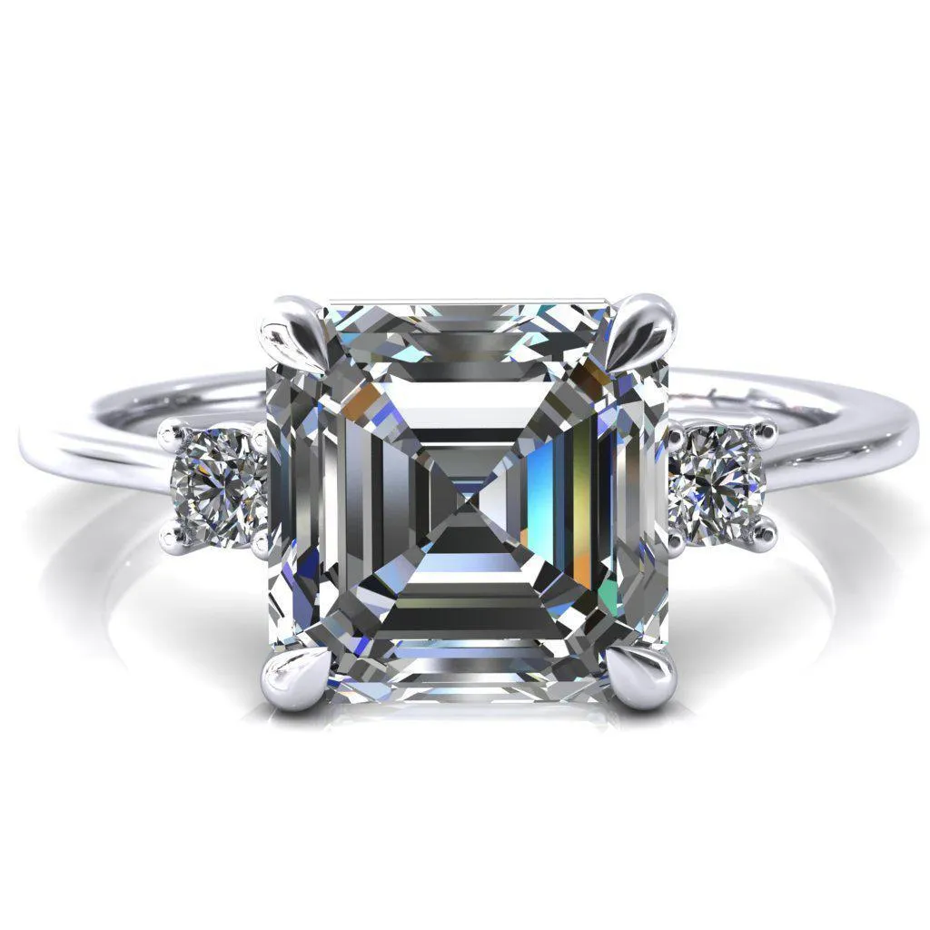 Poppy Asscher Moissanite 4 Claw Prong 2 Rail Basket Round Sidestones Inverted Cathedral Engagement Ring