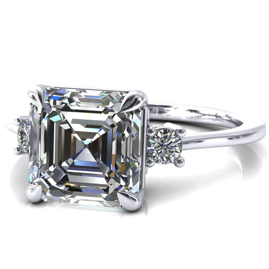 Poppy Asscher Moissanite 4 Claw Prong 2 Rail Basket Round Sidestones Inverted Cathedral Engagement Ring