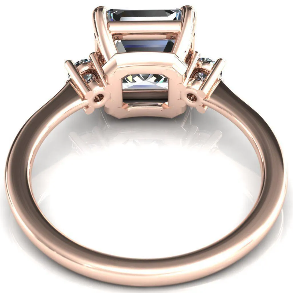 Poppy Asscher Moissanite 4 Claw Prong 2 Rail Basket Round Sidestones Inverted Cathedral Engagement Ring