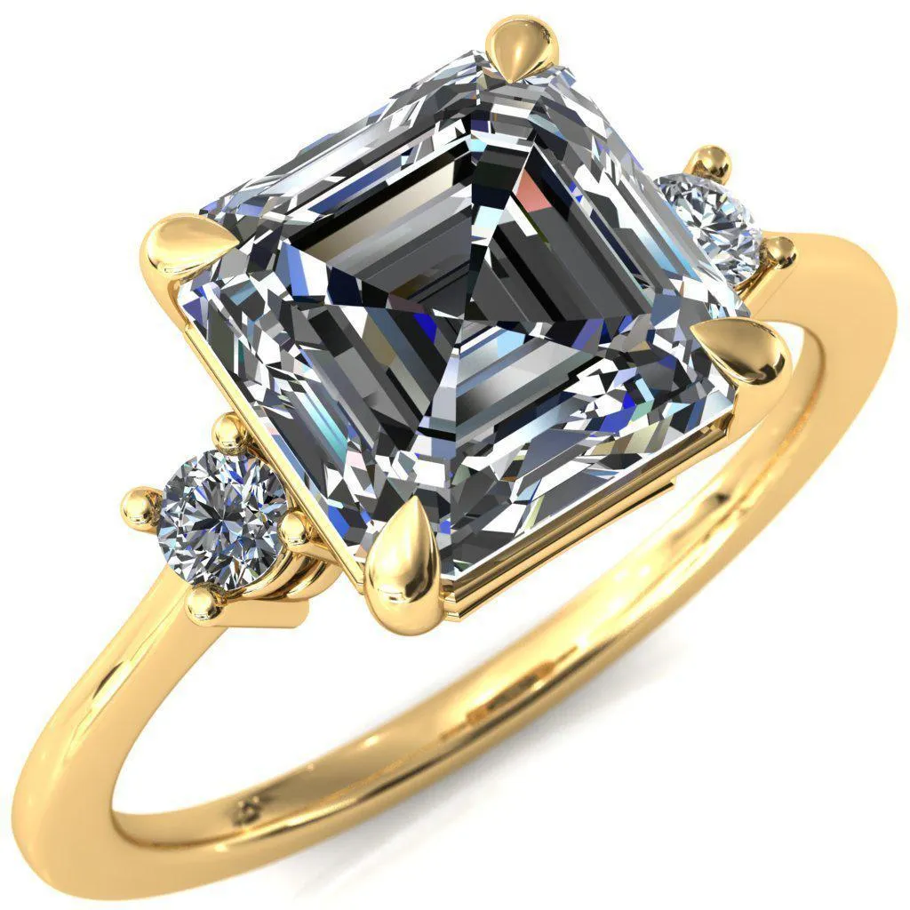 Poppy Asscher Moissanite 4 Claw Prong 2 Rail Basket Round Sidestones Inverted Cathedral Engagement Ring