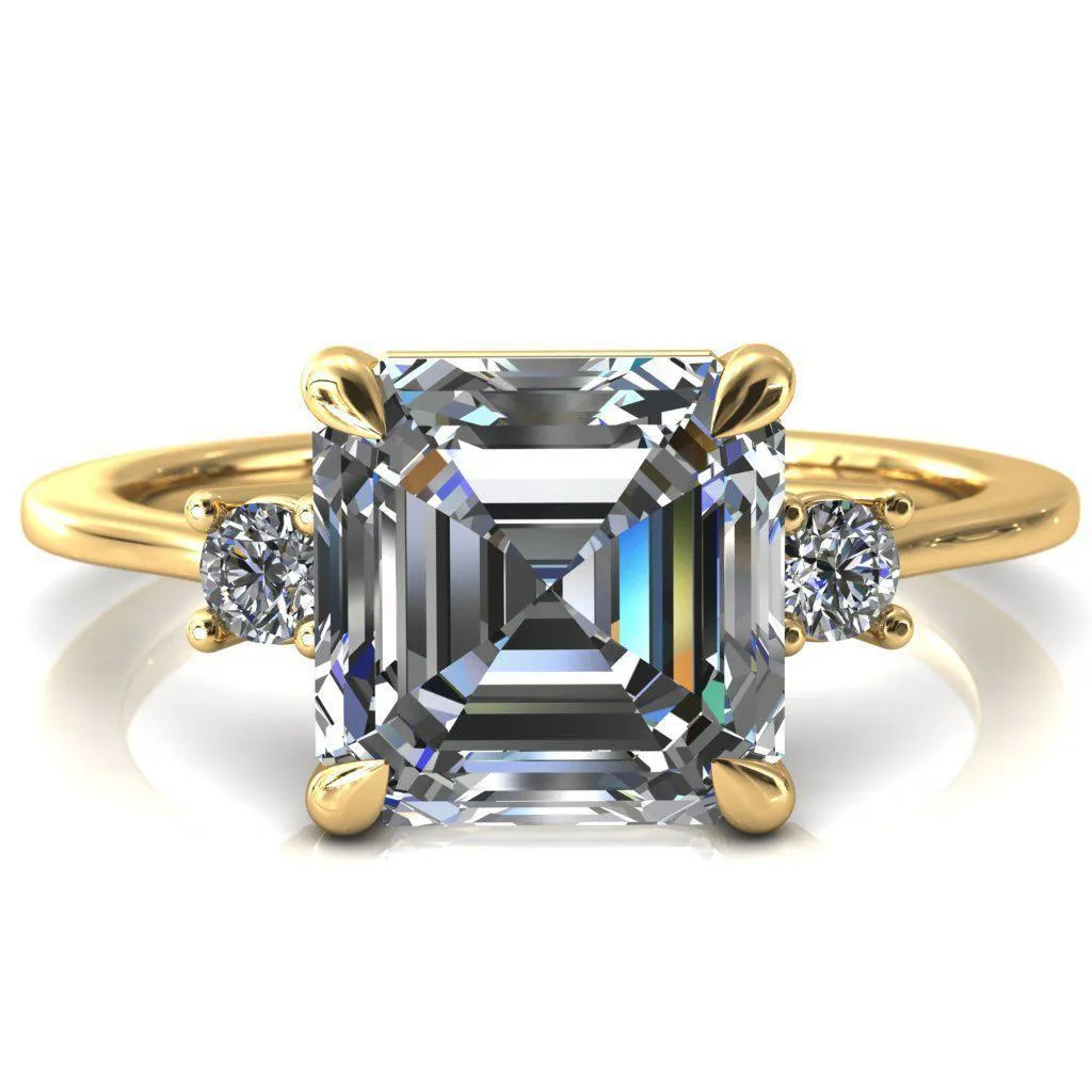 Poppy Asscher Moissanite 4 Claw Prong 2 Rail Basket Round Sidestones Inverted Cathedral Engagement Ring
