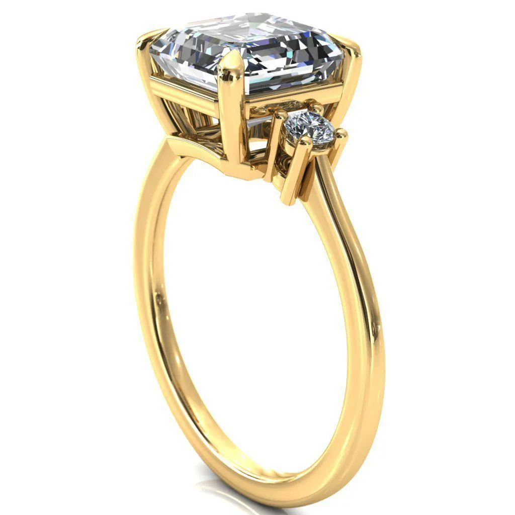 Poppy Asscher Moissanite 4 Claw Prong 2 Rail Basket Round Sidestones Inverted Cathedral Engagement Ring