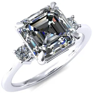 Poppy Asscher Moissanite 4 Claw Prong 2 Rail Basket Round Sidestones Inverted Cathedral Engagement Ring