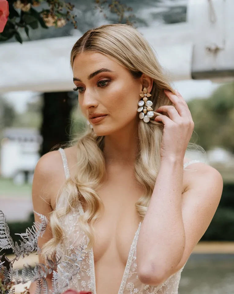 PRE - ORDER SALE - ONE WEEK ONLY - Bridal earrings - gold leaf and freshwater pearl drops - Siam by Stephanie Browne