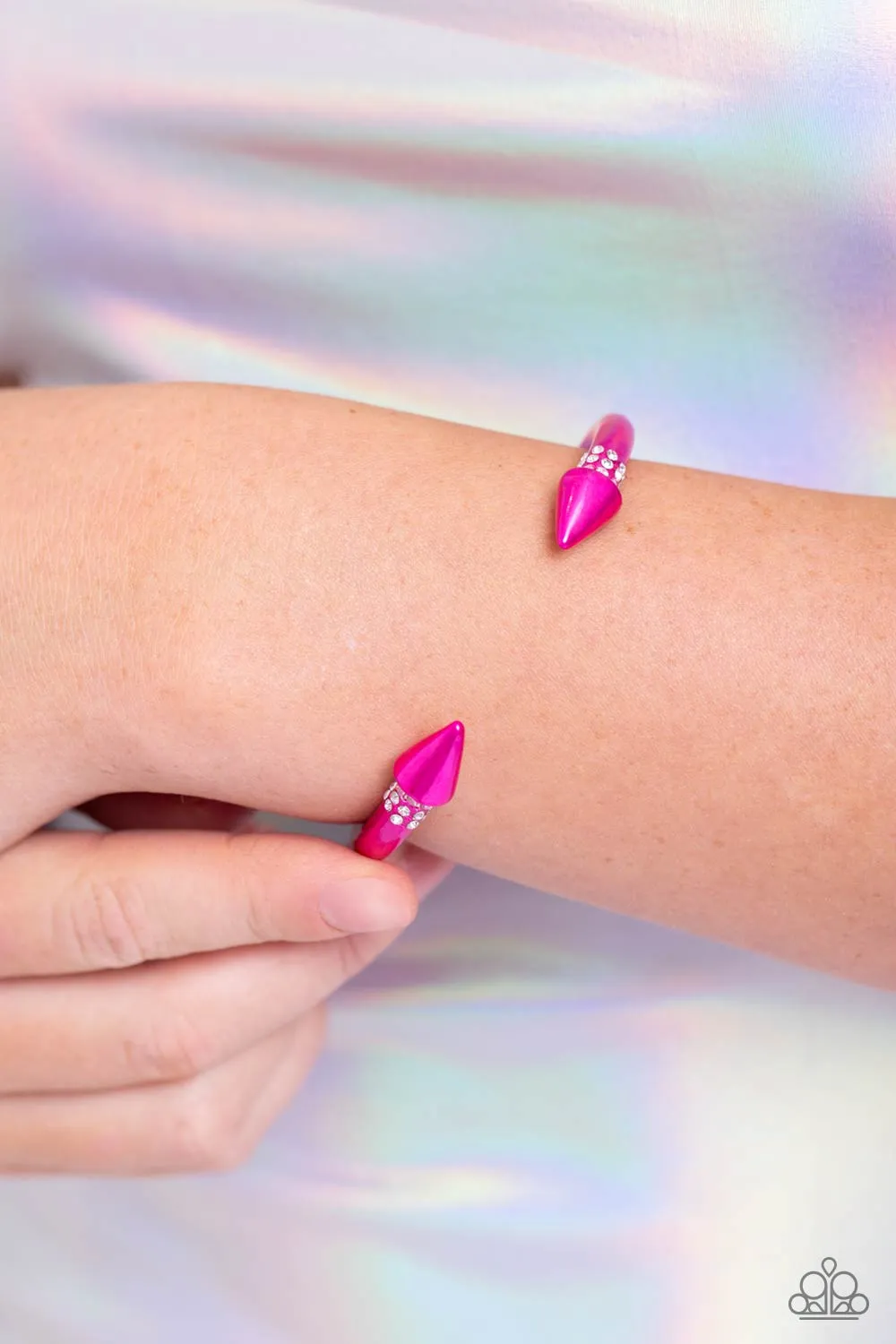Punky Plot Twist - Pink - White Rhinestone Metallic Paparazzi Cuff Bracelet