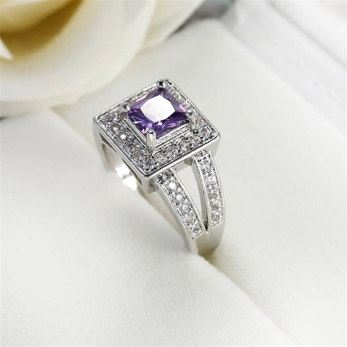 Purple Crystal & Cubic Zirconia Silver-Plated Halo Princess-Cut Ring