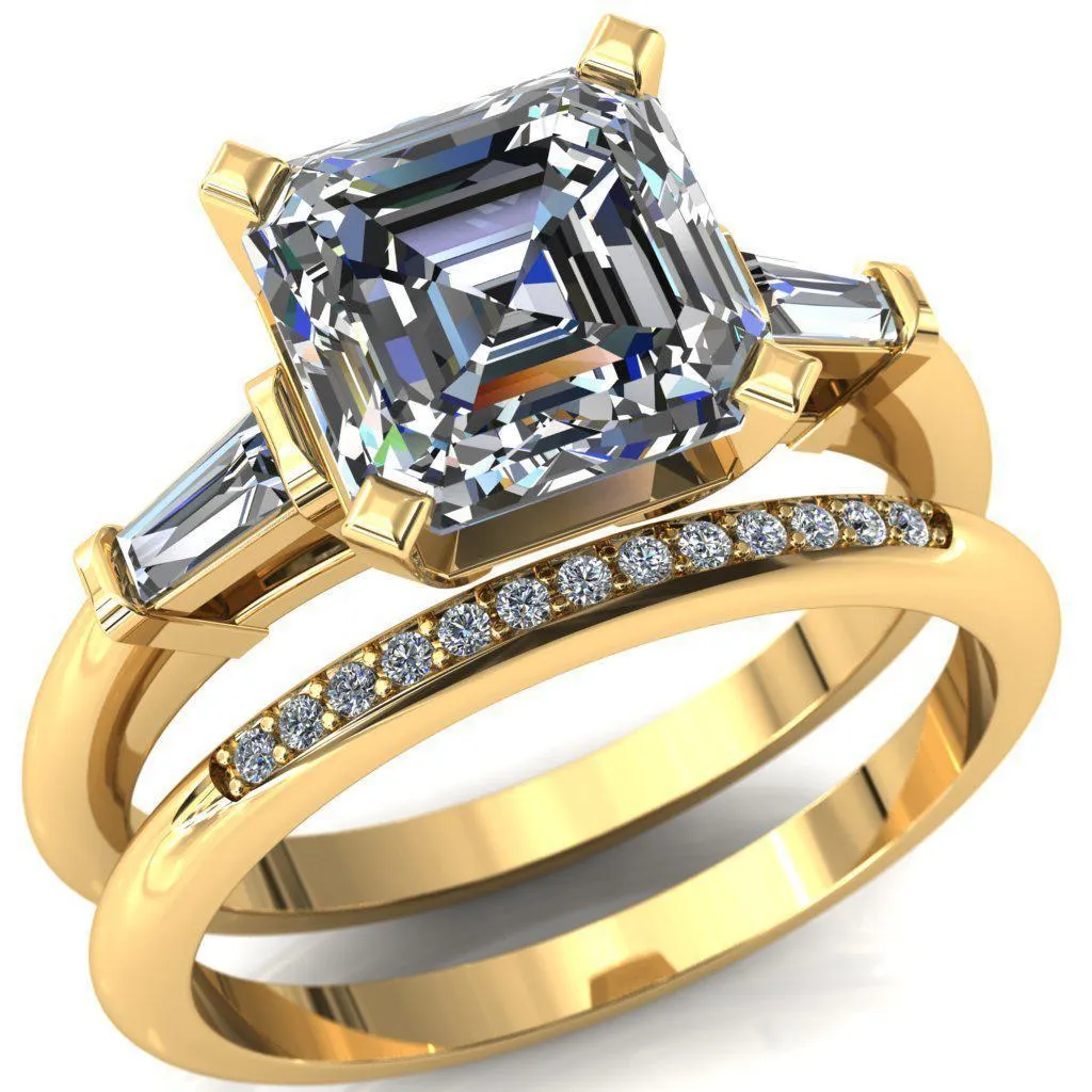 Quinn Asscher Moissanite 4 Prong Single Baguette Diamond Side Ring