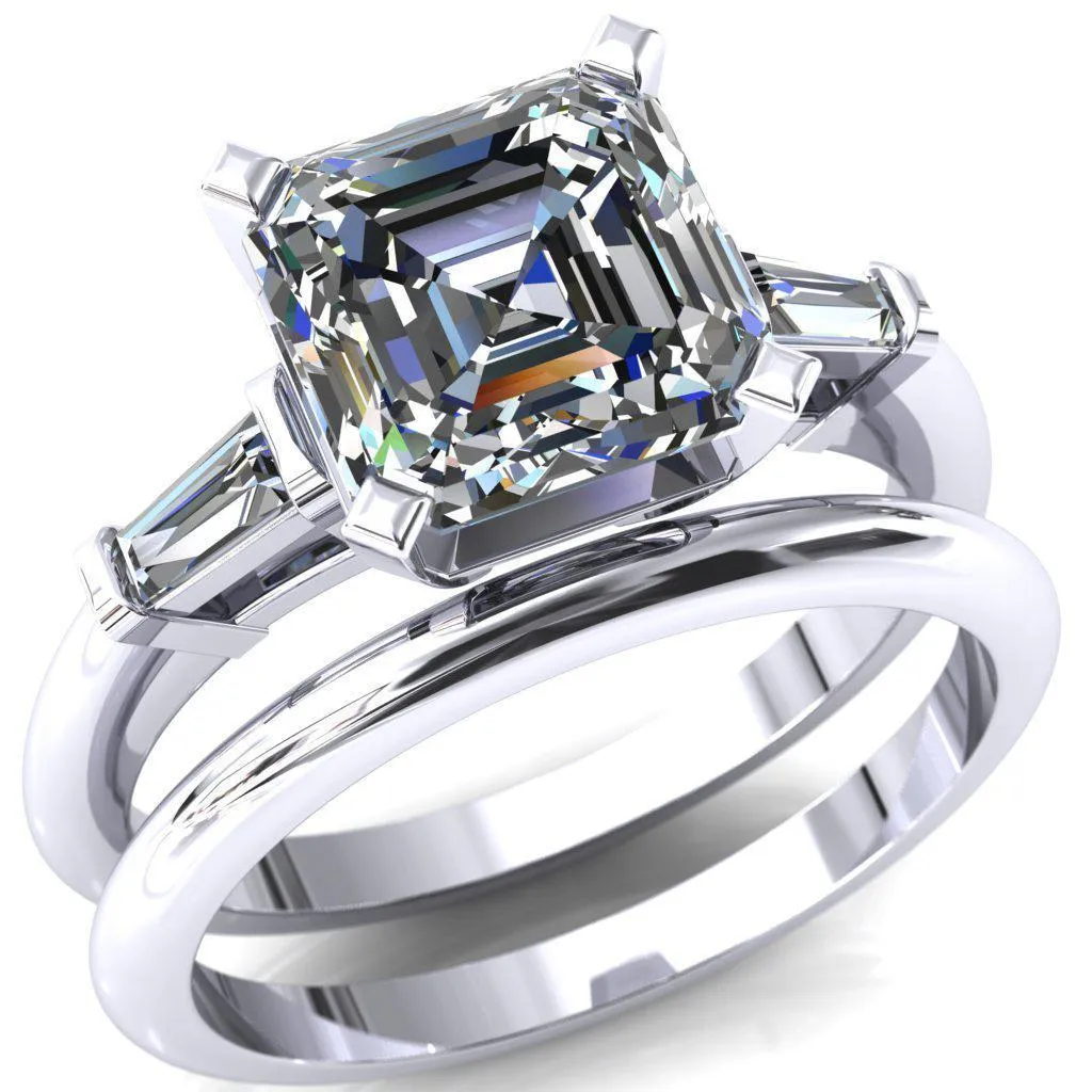 Quinn Asscher Moissanite 4 Prong Single Baguette Diamond Side Ring