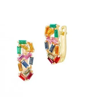 Rainbow Multistone Rose Yellow Sapphire Ruby Emerald Gold Lever-Back Earrings