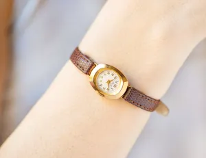 Rare women watch small Ray gold plated vintage, retro watch for lady, women watch Arabic numerals dial minimalist, new premium leather strap